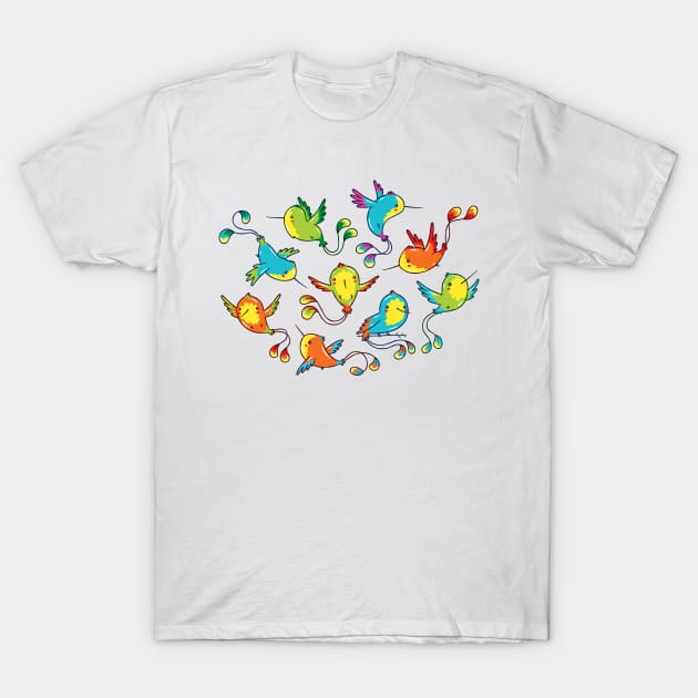 Elemental Magical Fantasy Colorful Hummingbirds Flying, Kawaii Cute T-Shirt by LydiaLyd